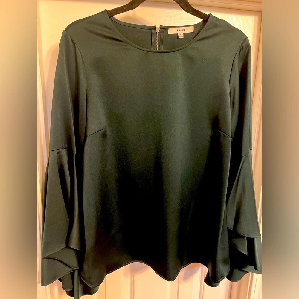 RO&DE Dark Green Blouse with Bell Sleeves. Size Medium.